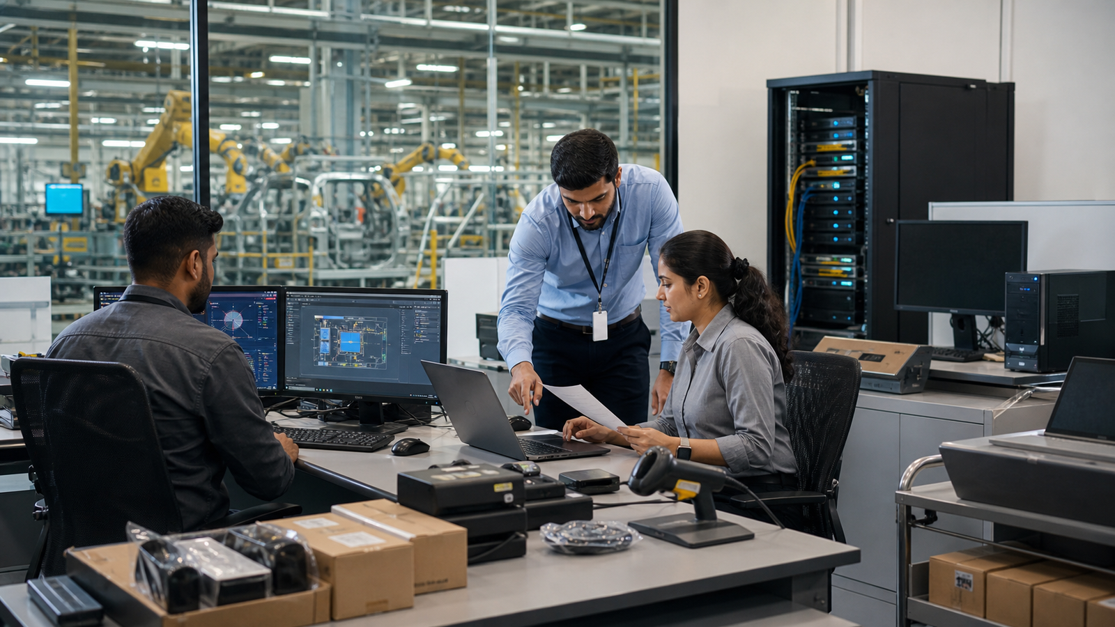 Manufacturing technology team reviewing plant and office IT systems