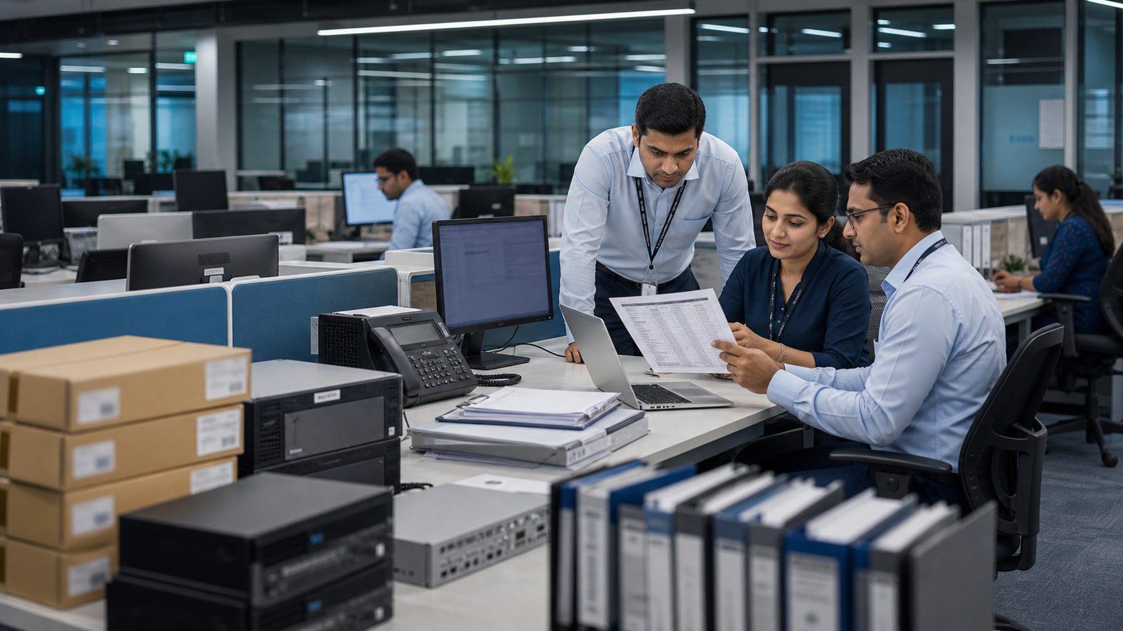 Corporate office technology environment with laptops and procurement documentation