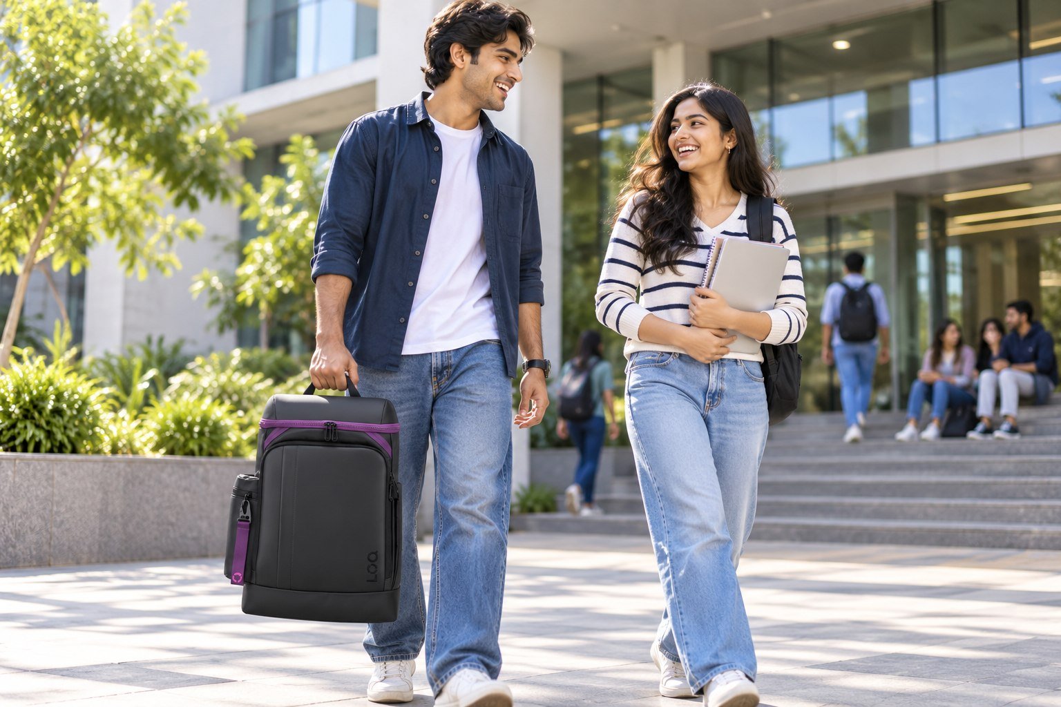 Illustrative Indian students with the Lenovo LOQ GB300 backpack outside a college