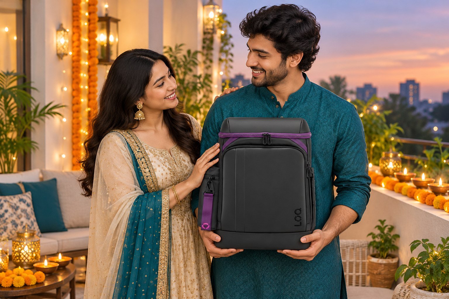 Illustrative siblings exchanging a Lenovo LOQ backpack during a family Diwali celebration