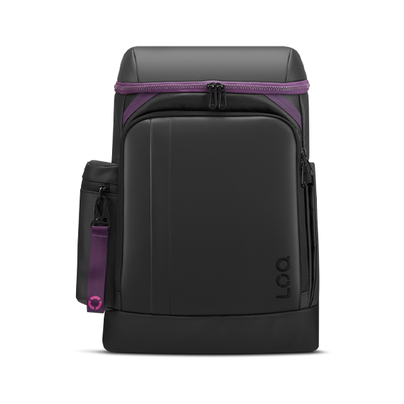 Lenovo LOQ GB300 backpack front view with purple zip and black front panel