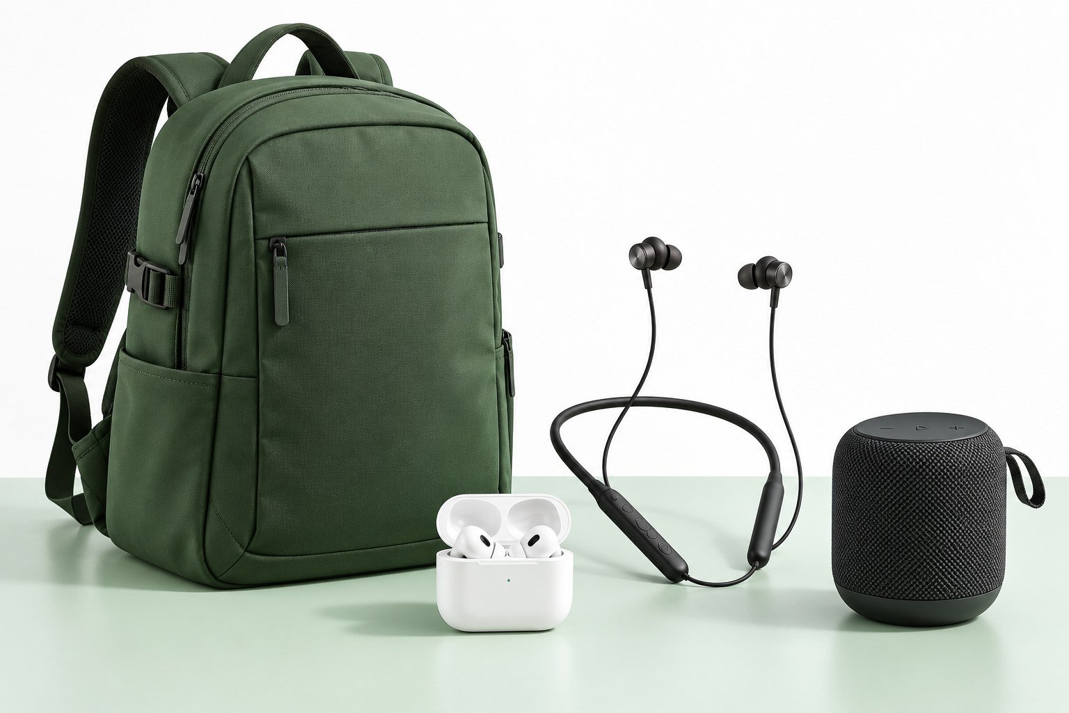 Illustration of the four-gift bundle: travel bag, wireless earbuds, neckband and Bluetooth speaker