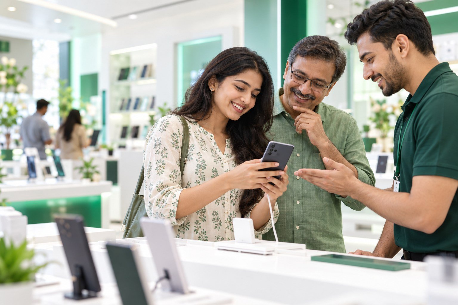 An Indian family exploring a smartphone with a helpful mobile-store advisor
