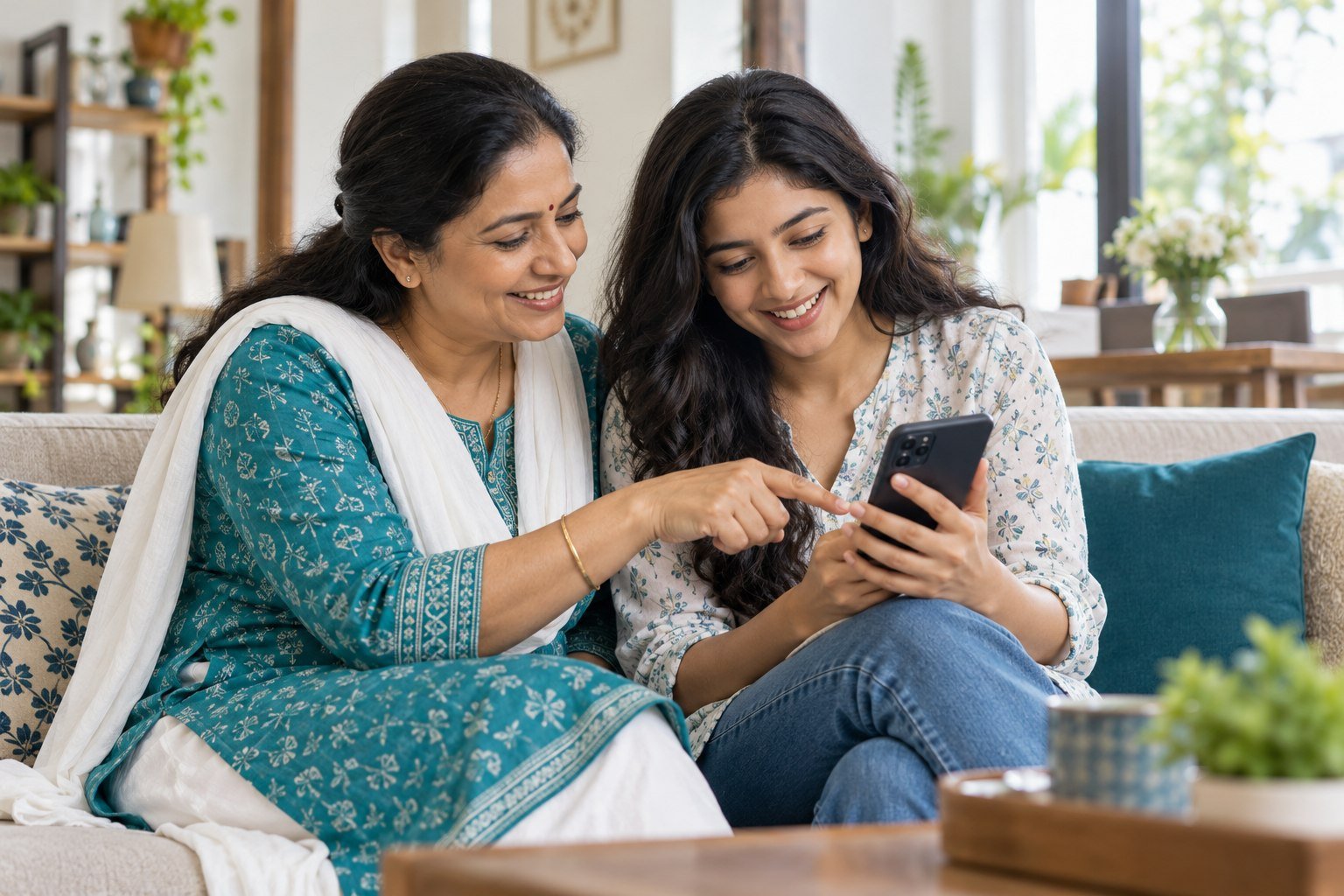 An Indian mother and daughter comparing a smartphone together at home