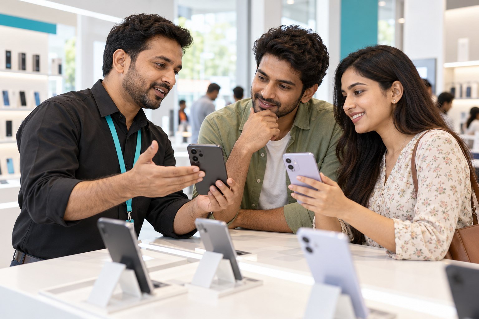 Illustrative scene of an Indian couple comparing phones with a helpful store advisor